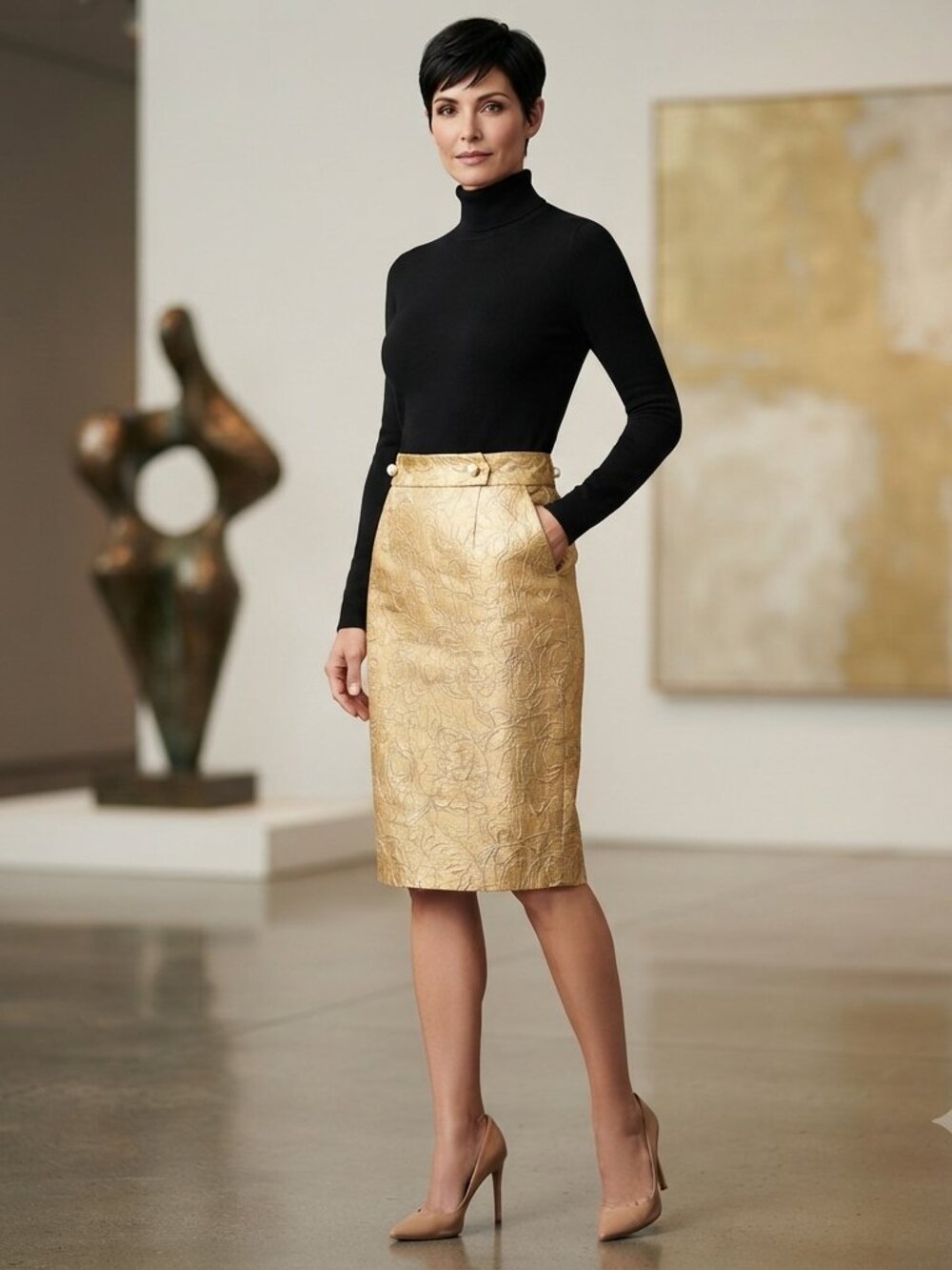 Vintage Perry Ellis Metallic Gold Brocade Skirt Women's Size 6P Pearl Buttons